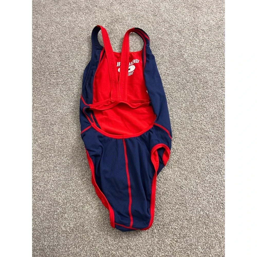 Speedo Lifeguard One Piece Swimsuit Womens 22 Navy Blue Red Excellent Racerback